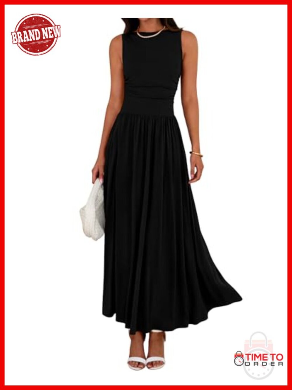 Sleeveless Ruched High Waist A-Line Maxi Dress with Pockets
